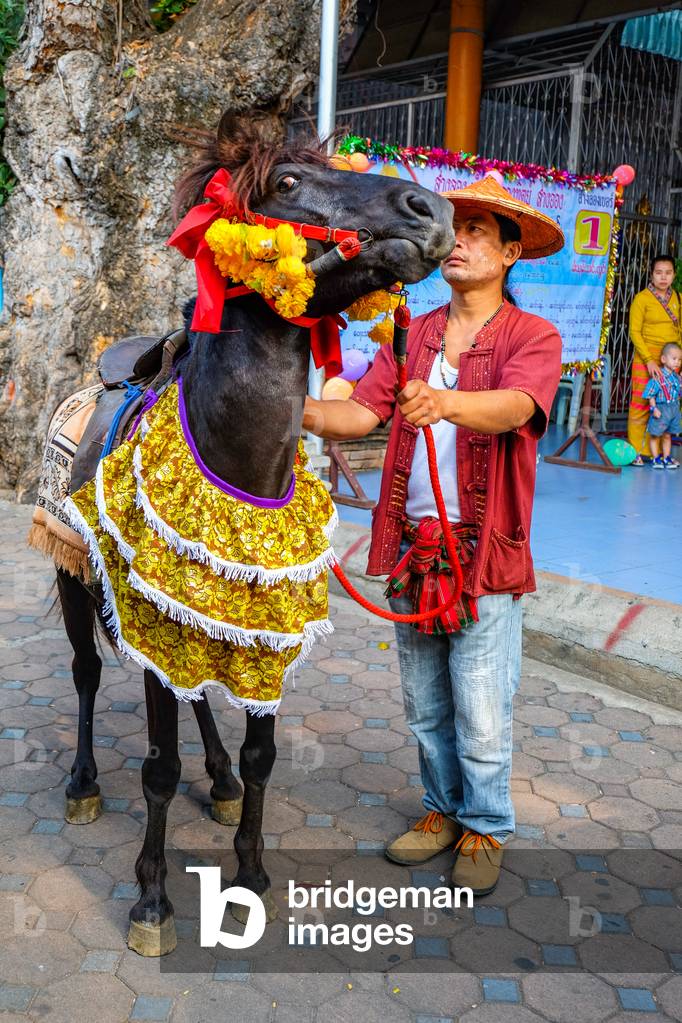 Preparing pony to join Poy Sang Long (Shan ordination ceremony for boys aged 7-14); Wat Pa Pao, Chiang Mai, Thailand. 