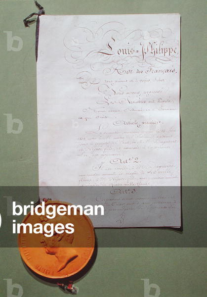 French Government Bill giving Louis-Jacques-Mande Daguerre (1787-1851) and the son of Joseph Nicephore Niepce (1765-1833) annual pensions in return for their publication to the world of their discoveries of photographic processes, signed by King Louis-Philippe (1773-1850), 1839 (ink on paper & wax)