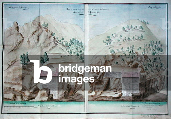 Plan for the construction of a stone bridge across the Liamone River in Corsica, 1805 (pen & ink and w/c on paper)