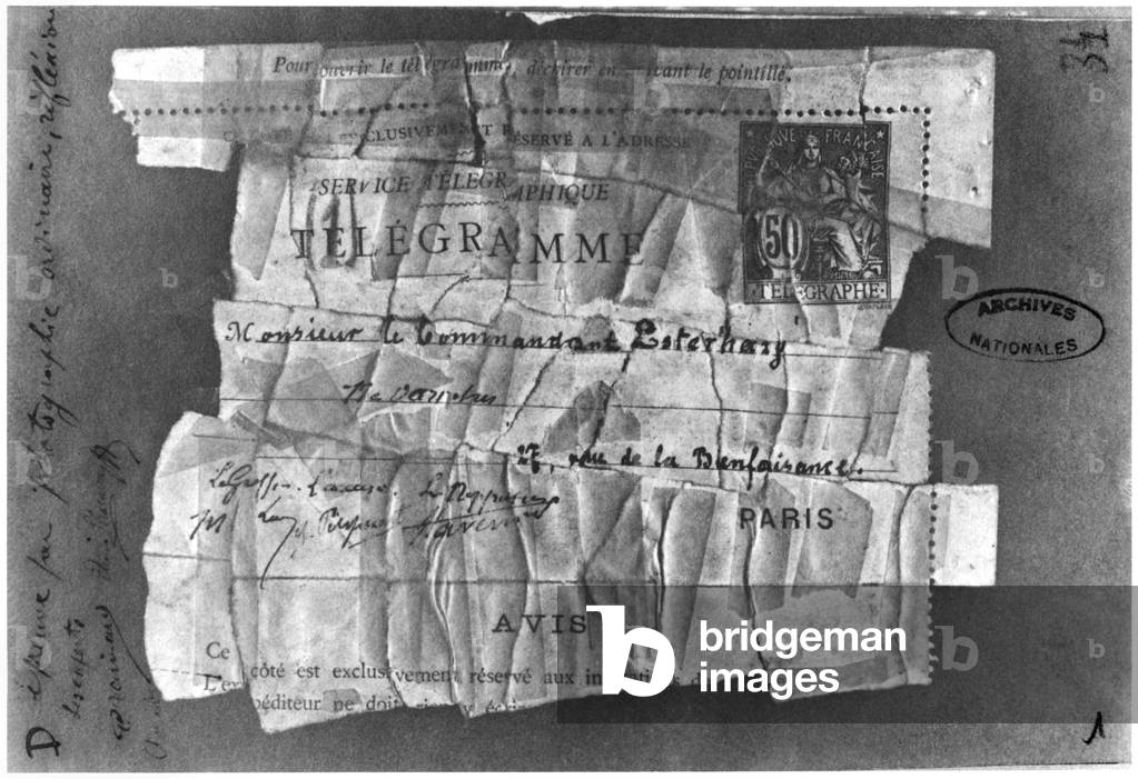 The Dreyfus Affair, 22 December 1894, telegram sent to Commandant Esterhazy (pen & ink on paper) (b/w photo)
