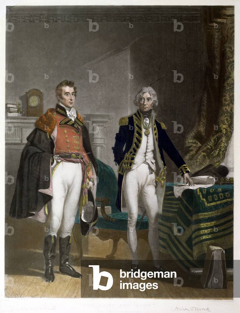 A meeting between Major-General Sir Arthur Wellesley and Vice-Admiral Horatio Nelson, September 1805, engraved by Samuel William Reynolds (1794-1872), pub. by A.J. Isaacs, 1864 (coloured engraving)