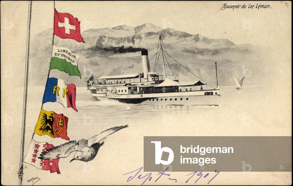 Salonsteamer on Lake Geneva, Lac Leman, flags
