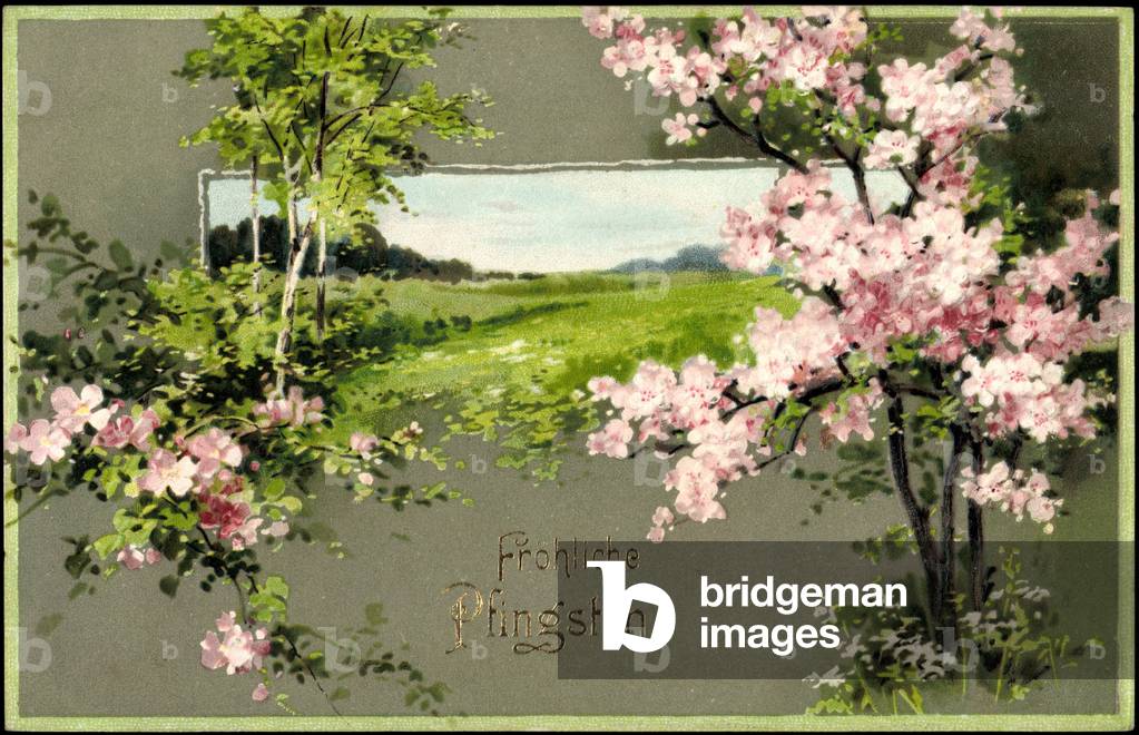 Embossing Litho Congratulations Pentecost, Tree Blossom, Meadow