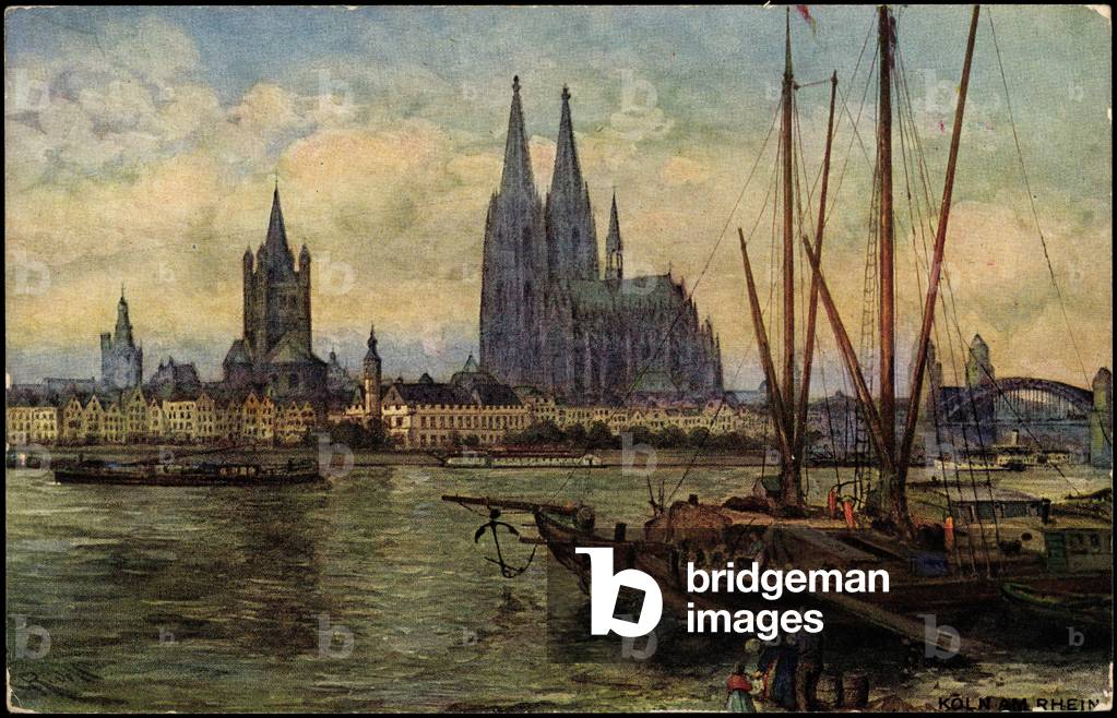 Artist Rüdell, K., Cologne Rhine, view to the cathedral, boats