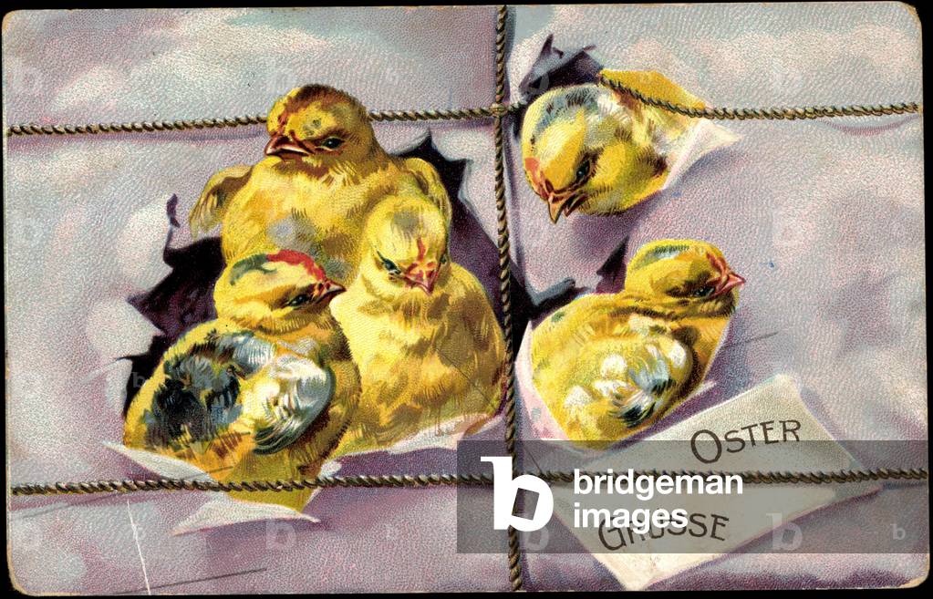 Embossing Litho Happy Easter, chicks hatch from package