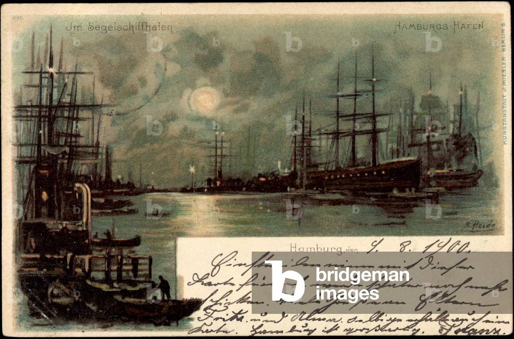 Artist Litho Heide, Hamburg, In the harbour, Sailing ships