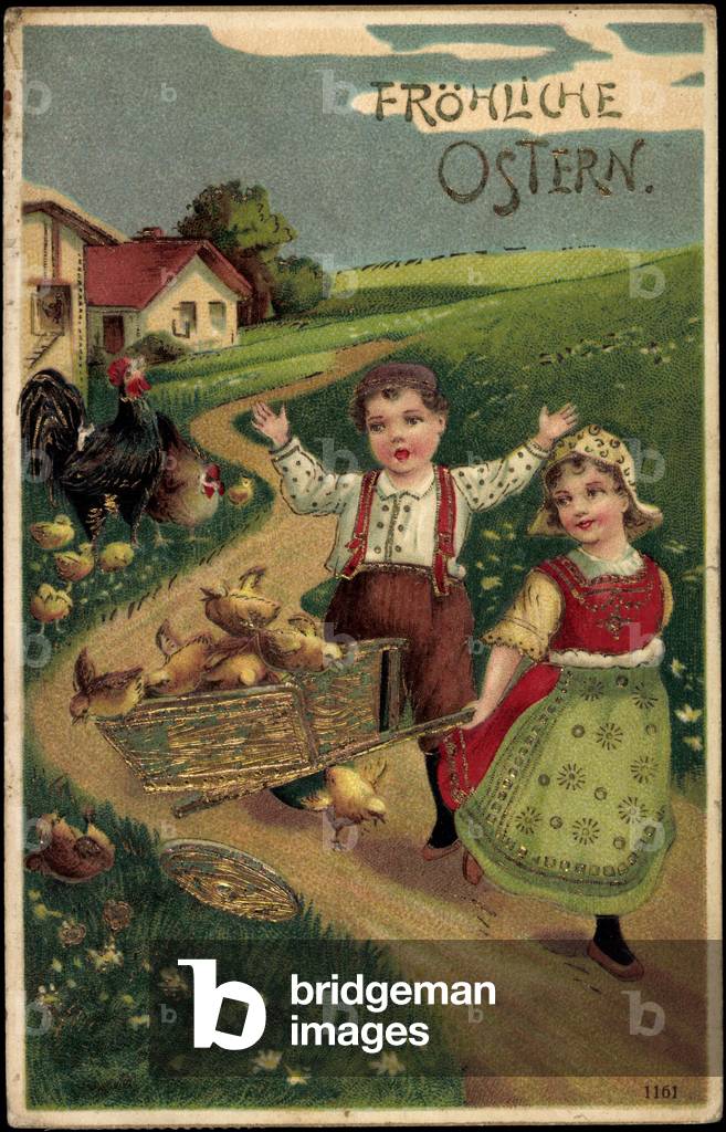 Embossing Litho Congratulations Easter, Children with Chicks, Country