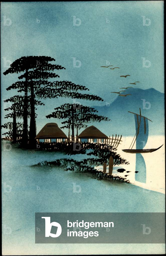 Gold Japanese landscape, boats, huts