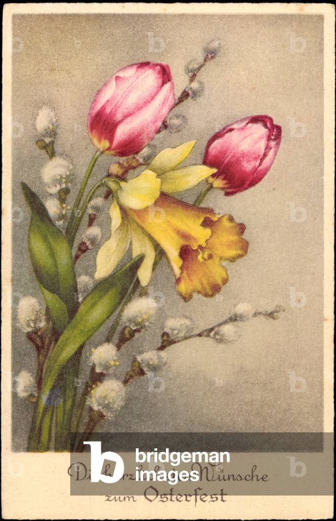 Artist congratulations Easter, tulips, willow bibs