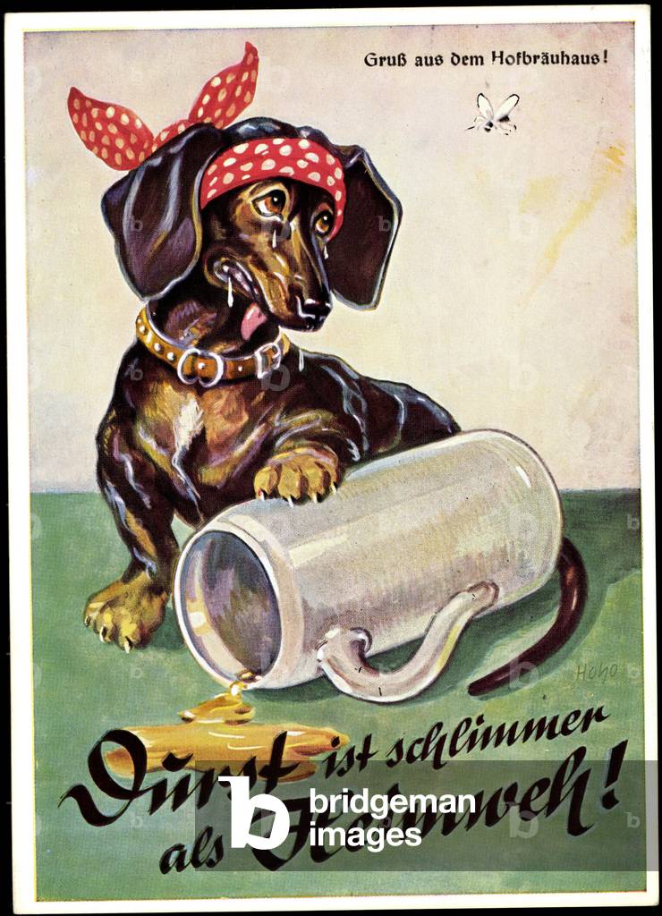 Artist thirst is worse than homesickness, dachshund, beer mug, Hofbräuhaus