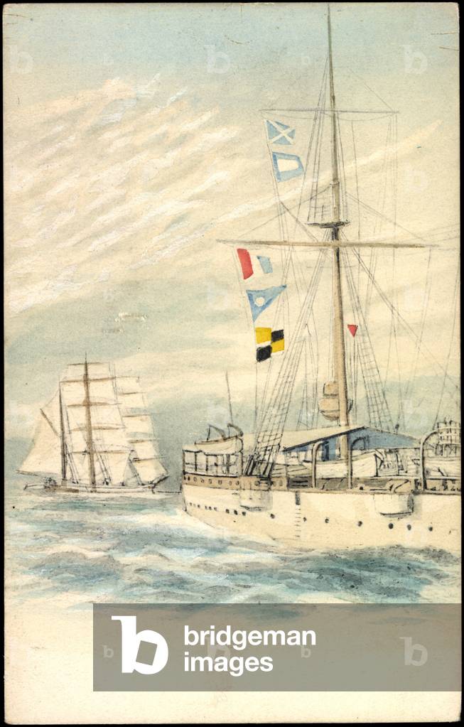 Sailing ships on water, flags, France