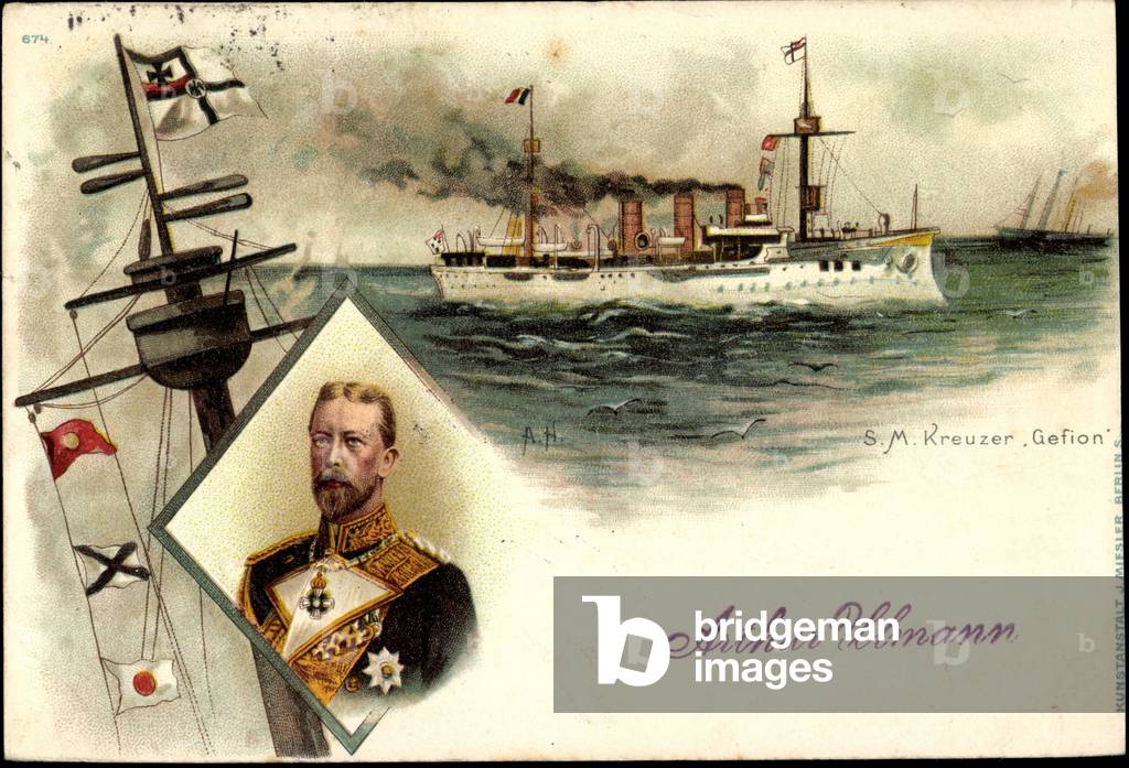 Litho S.M. Kreuzer Gefion, Warship, Prince Heinrich