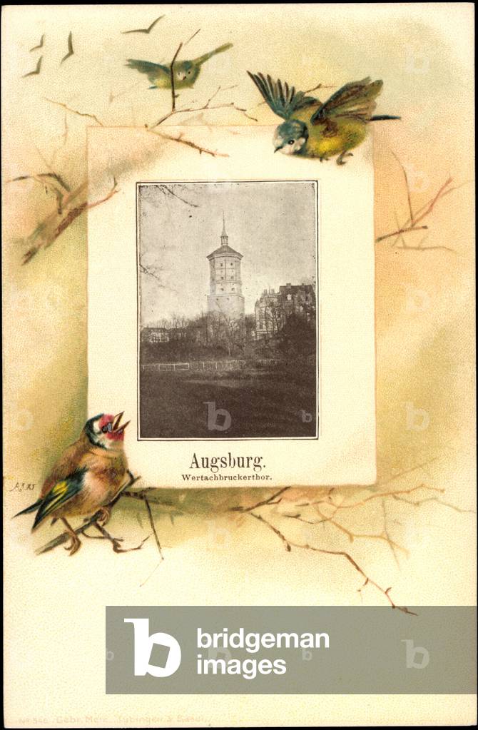 Artist Litho Augsburg, view to the Wertachbruckertor, Meisen, branches
