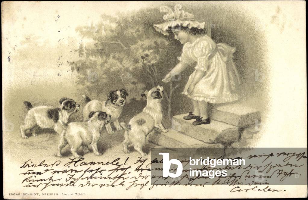 Embossing Litho Many Small Dog Puppies Girls in White Dress