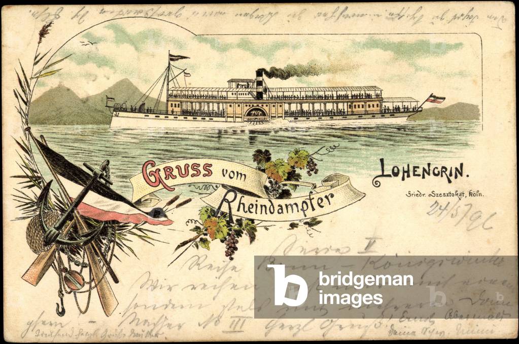 Litho Rhine steamer Lohengrin, barge, patriotic