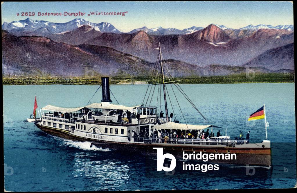 Lake Constance, steamer Württemberg in motion, mountains