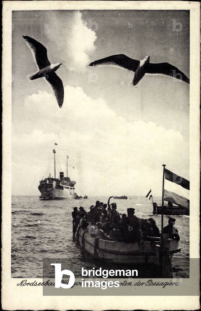 North Sea island of Helgoland, passengers disembarkation, steamers, seagulls