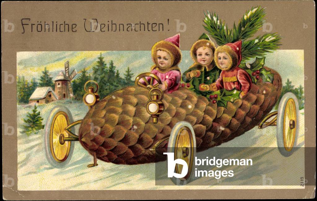 Embossing Litho Merry Christmas, Pine Cone Car, Children
