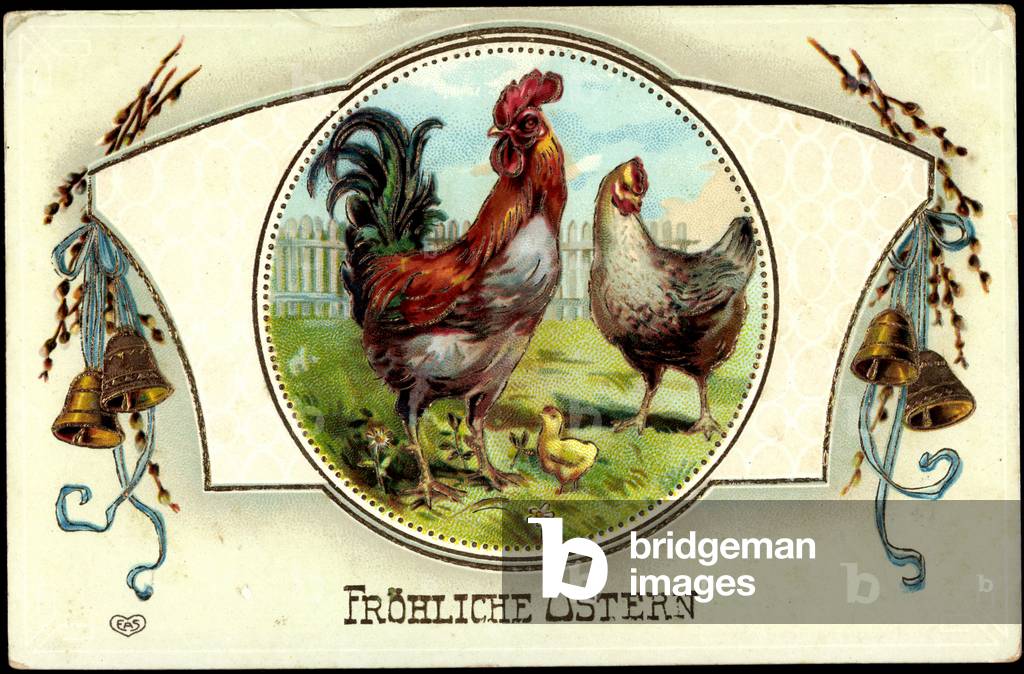 Litho Congratulations Easter, Rooster, Hen, Chick, Bells