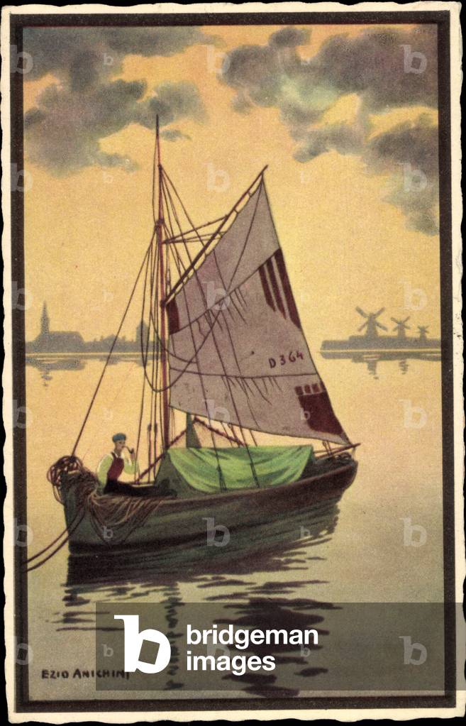 Artist Anichini, E., man smokes pipe in sailboat