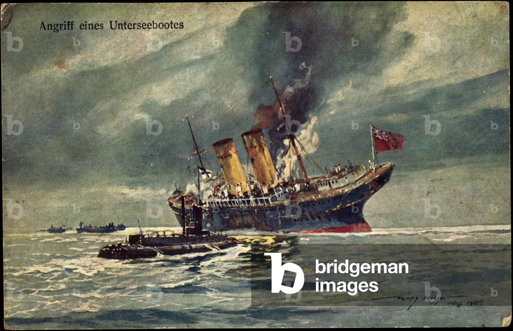 Artist attack of a submarine, Brit. steamer