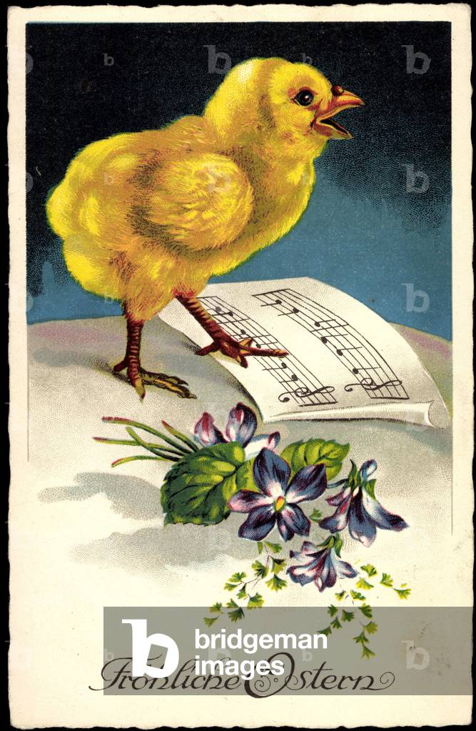 Artist Happy Easter, Chick with Sheet Music, Flowers