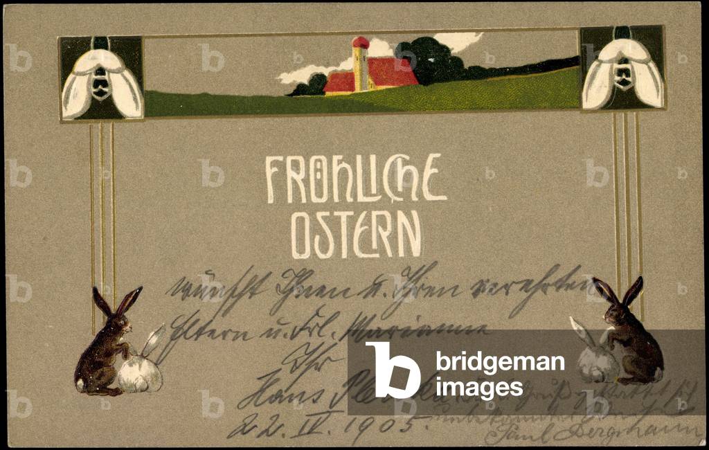 Embossing Happy Easter, Easter Bunny, Field, House, Flowers