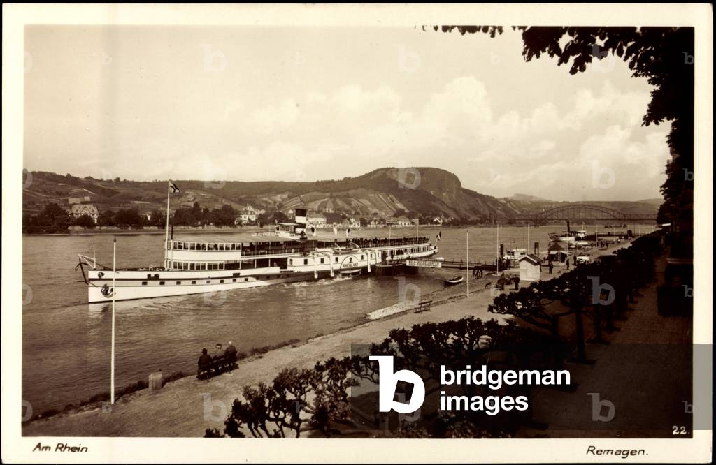 Remagen Rhein, view of steamer Rhineland, bridges