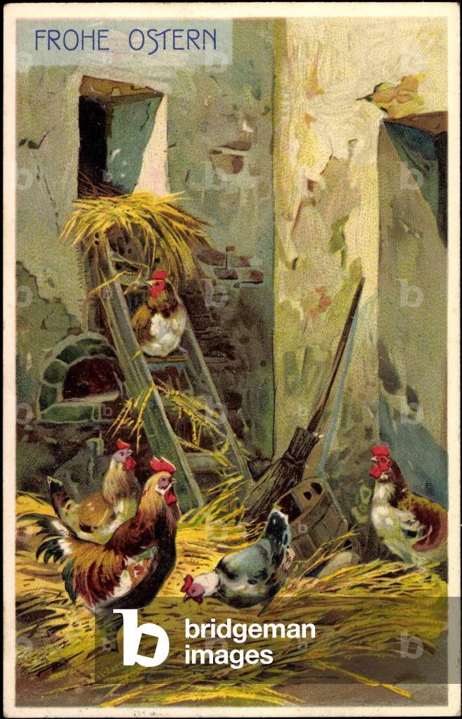 Artist Congratulations Easter, Roosters at the stable, broom