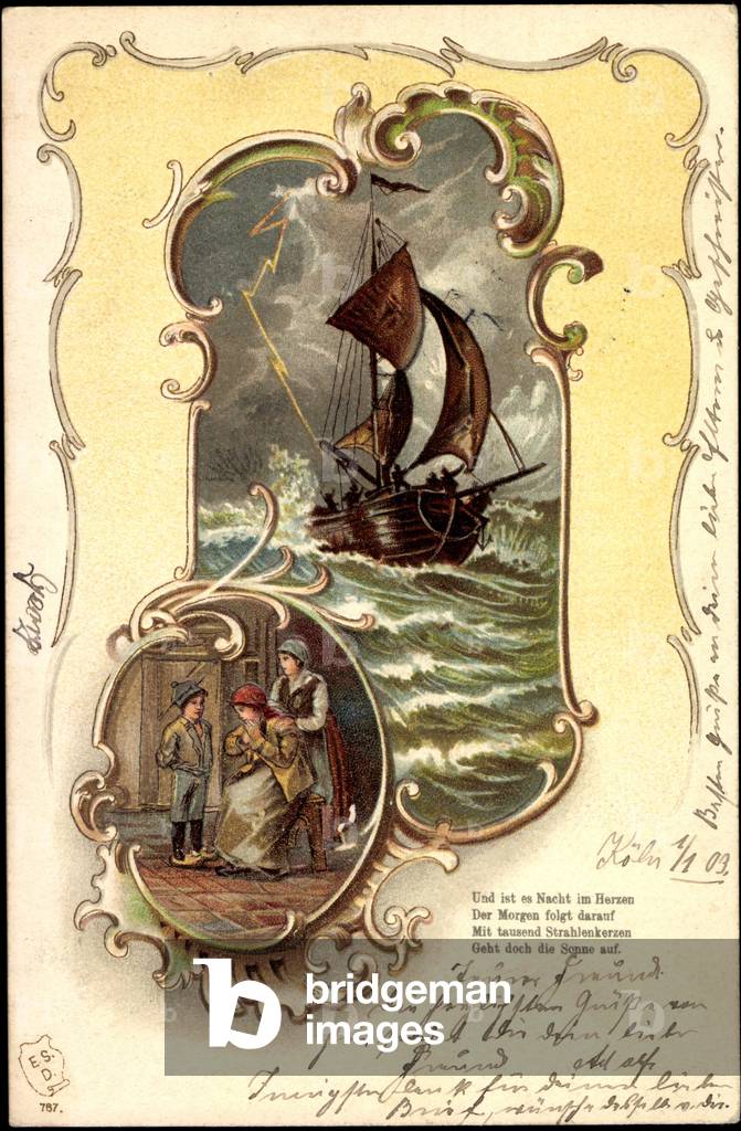 Präge Passepartout Litho, Segelboot, Frauen, Gedicht