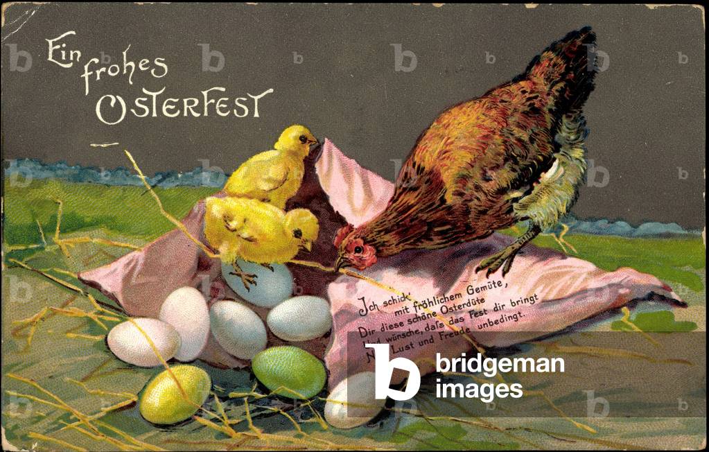 Embossing congratulations Easter, chicks with eggs, hen