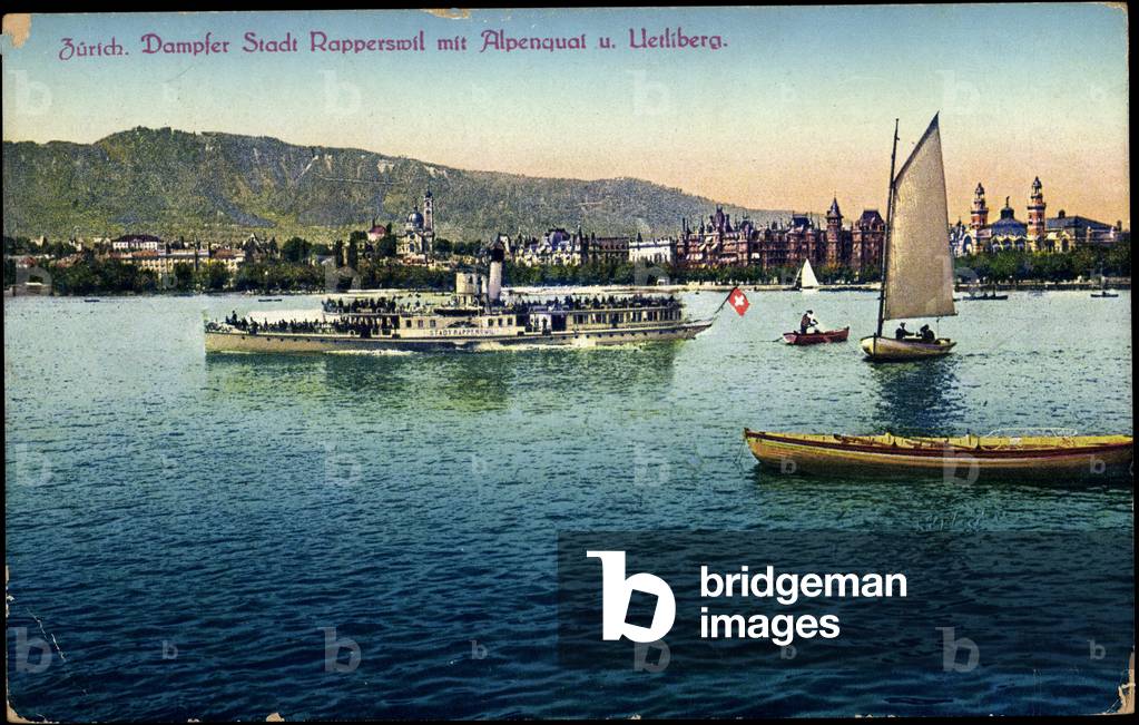 Zurich, steamer city Rapperswil with Alpenquai, Berg