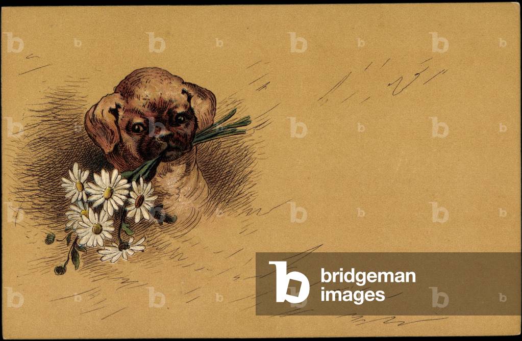 Artist Litho Small Dog Puppy with Bouquet