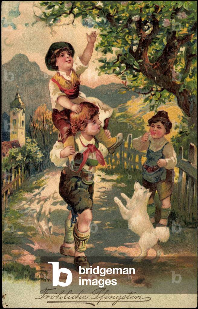 Embossing Bavarian children in costume, dog, pointed