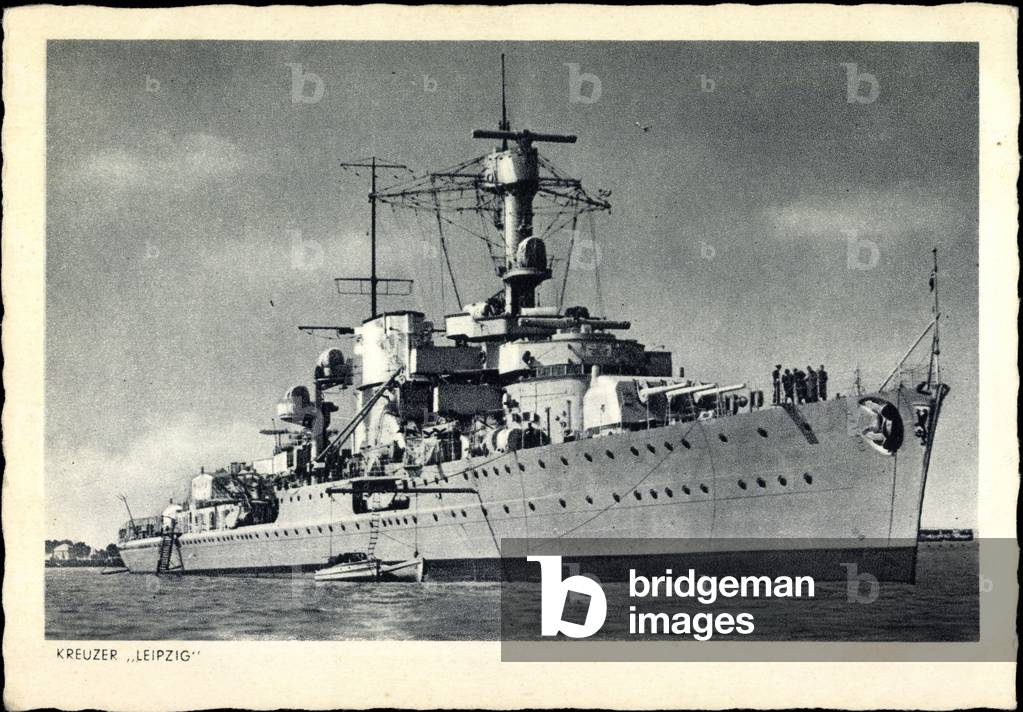 View of the cruiser Leipzig, crew, boats