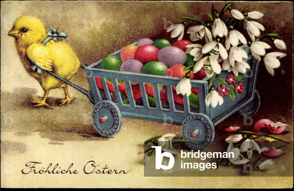 Congratulations Easter, chick pulls wagons with Easter eggs