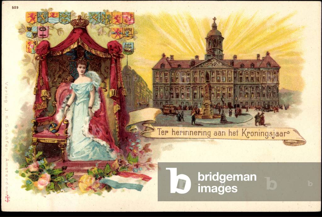Litho Queen Wilhemina in the coronation year, coat of arms, throne