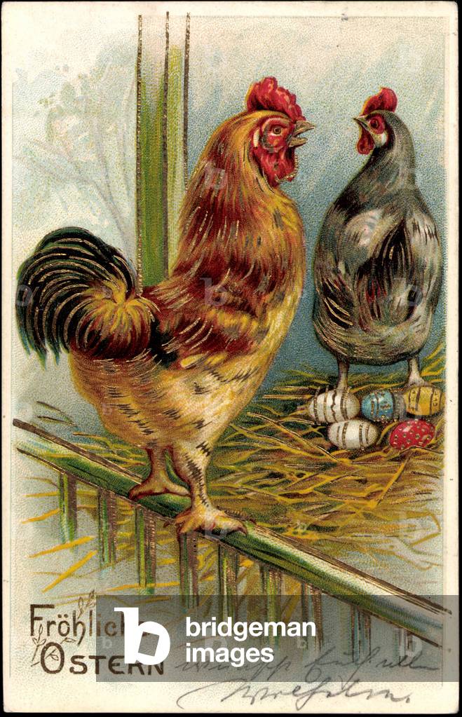Embossing Litho Congratulations Easter, Chicken laying Easter Eggs