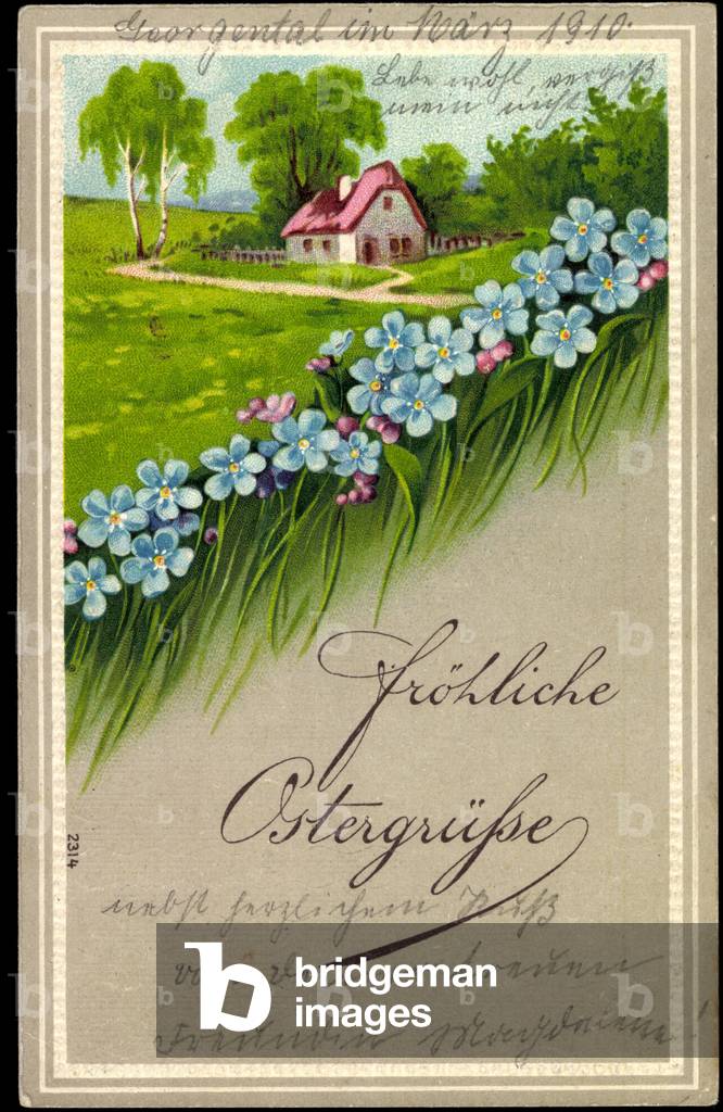 Embossing congratulations Easter, house, landscape, flowers