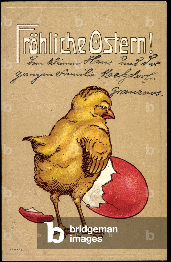 Embossing Litho Happy Easter, hatched chick, eggshell