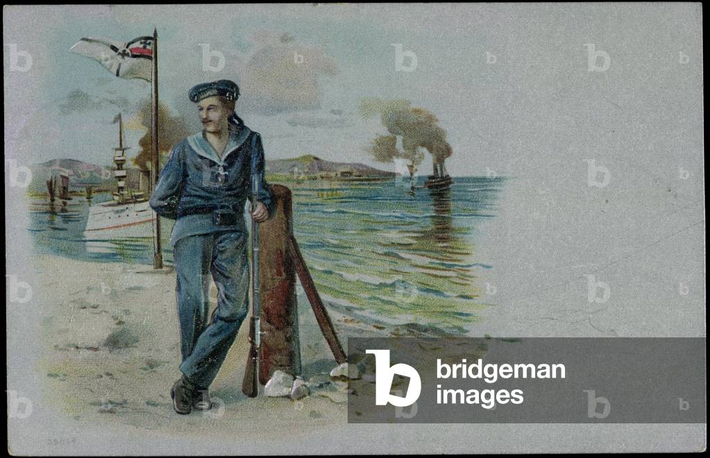 Embossing Litho German Sailor with Rifle, Warships
