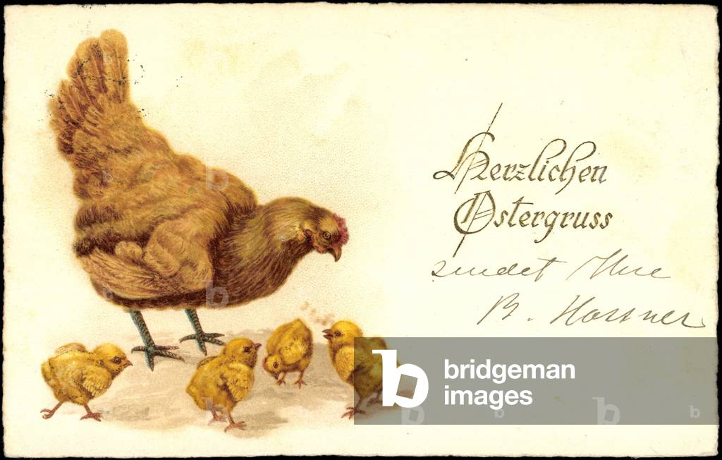 Embossing congratulations Easter, hen with her chicks