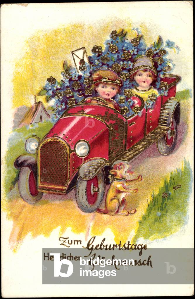 Congratulations birthday, car, flowers, letter, dog