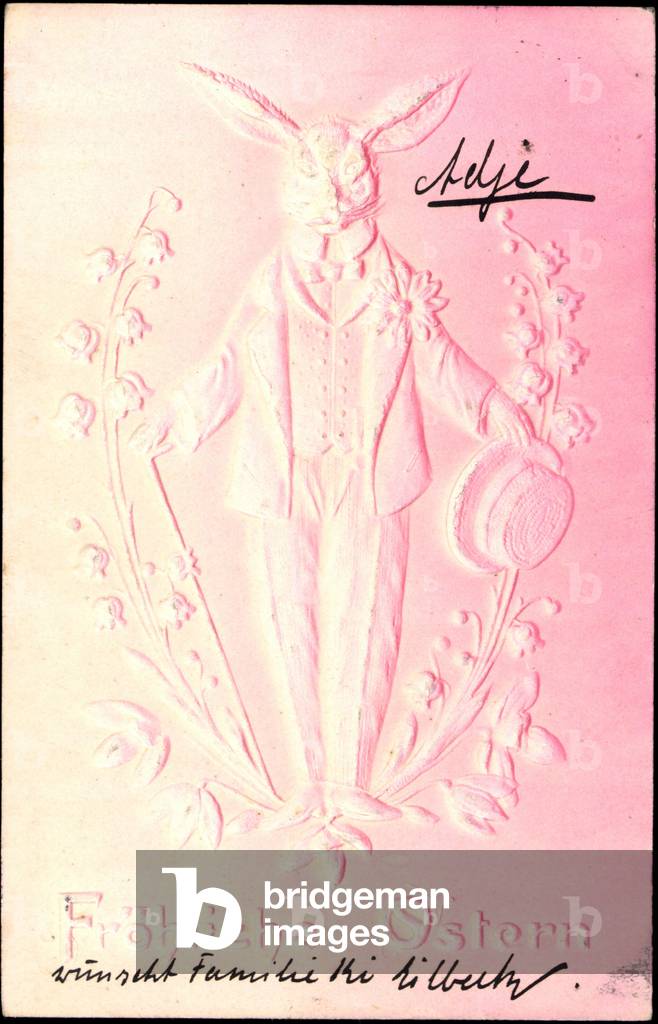 Embossing congratulations Easter, rabbit between lily of the valley