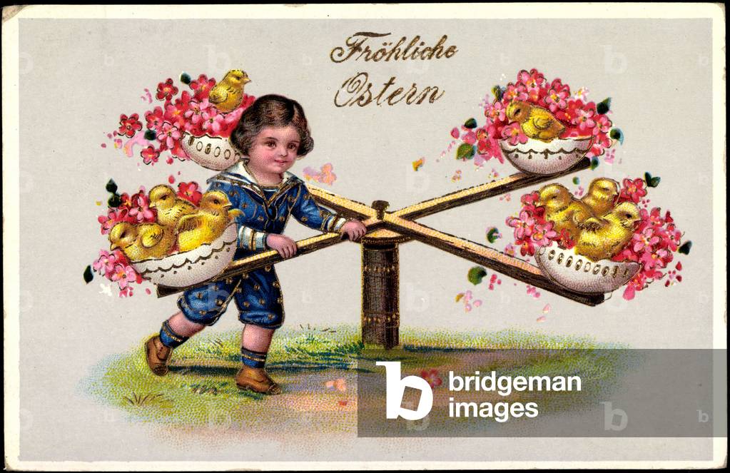 Embossing congratulations Easter, child turns a carousel