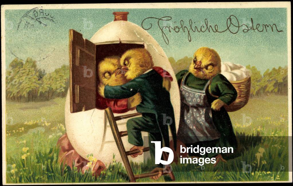 Artist Congratulations Easter, Chick, Egg House, Basket