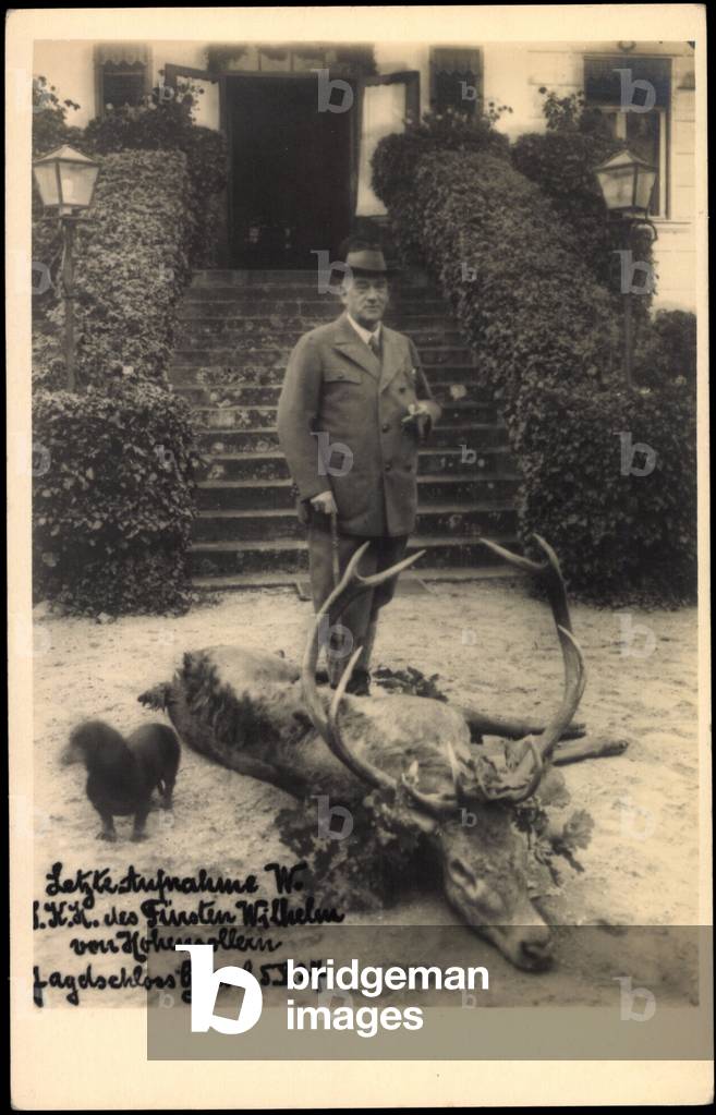 Prince Wilhelm von Hohenzollern after the hunt (b/w photo)