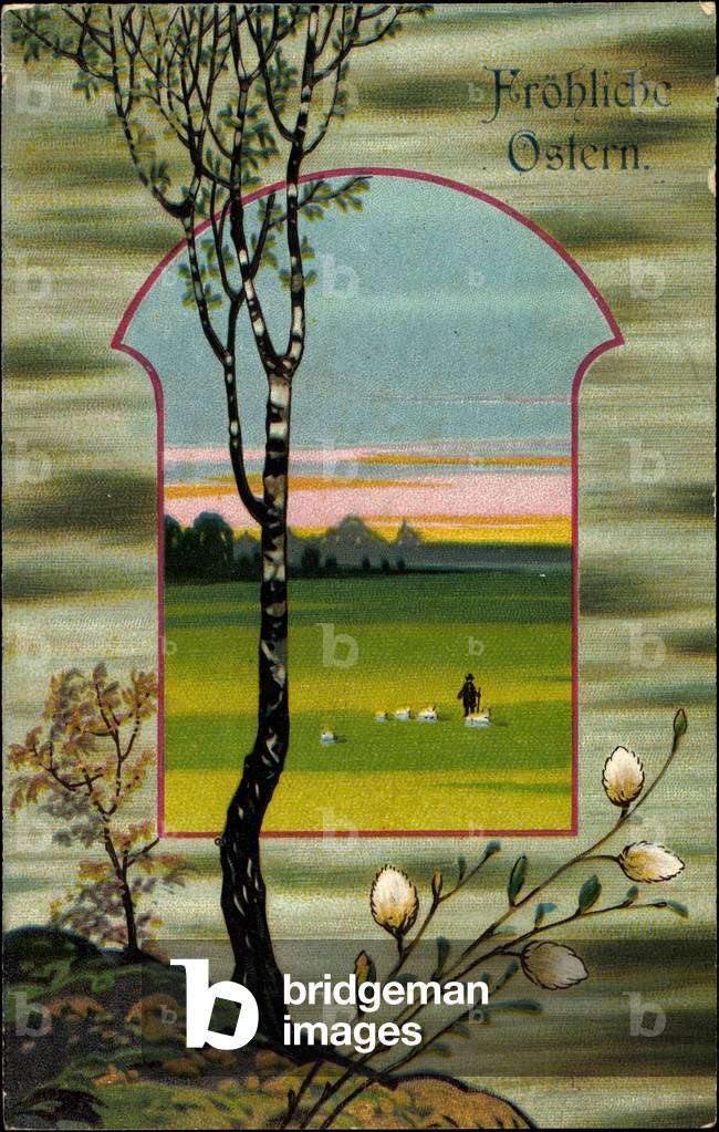 Embossing congratulations Easter, tree, willow, shepherd