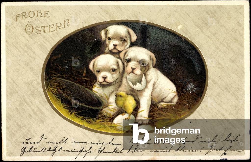 Artist Happy Easter, dog puppies, chicks, straw