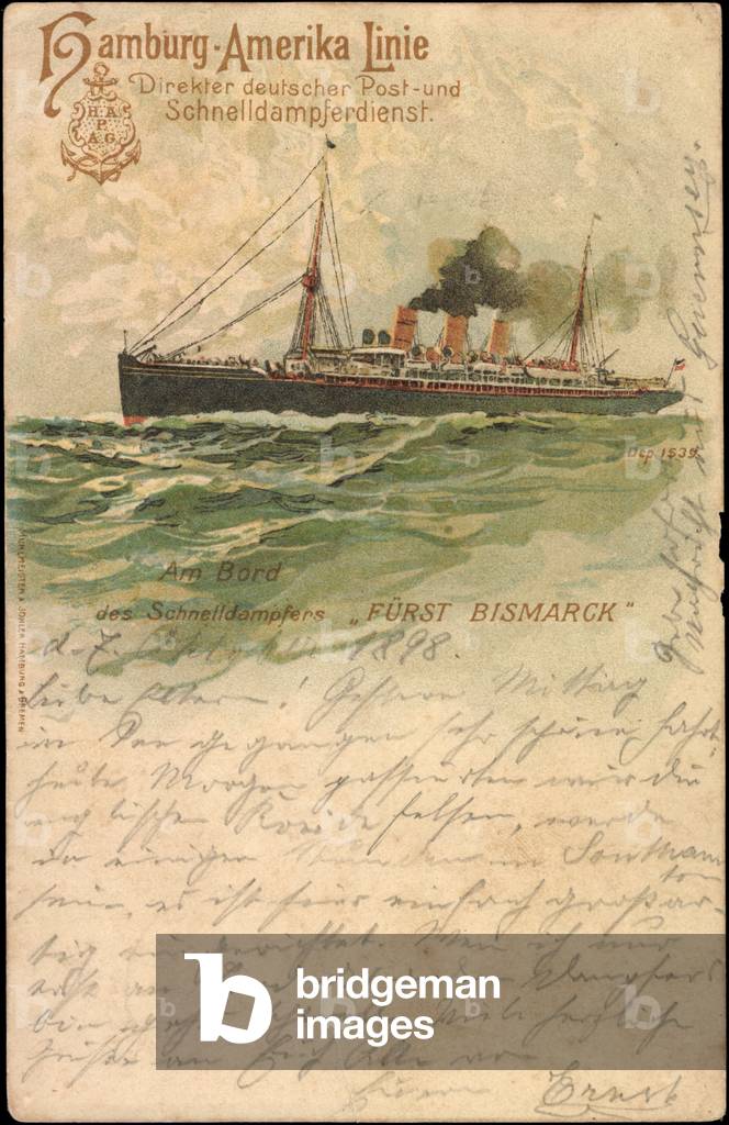 Litho HAPAG, high speed steamer Prince Bismarck at sea
